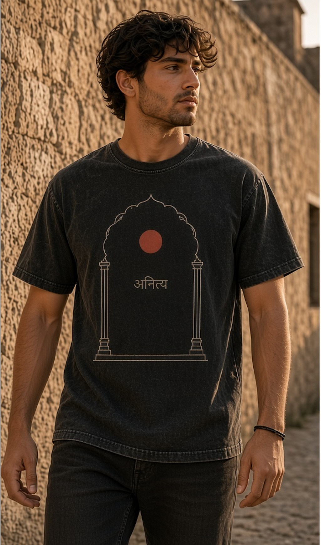 Man wearing the Anitya oversized acid-wash Sanskrit t-shirt